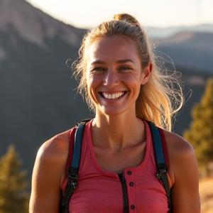 Smiling woman, Sarah, 52, on a Boulder hiking trail