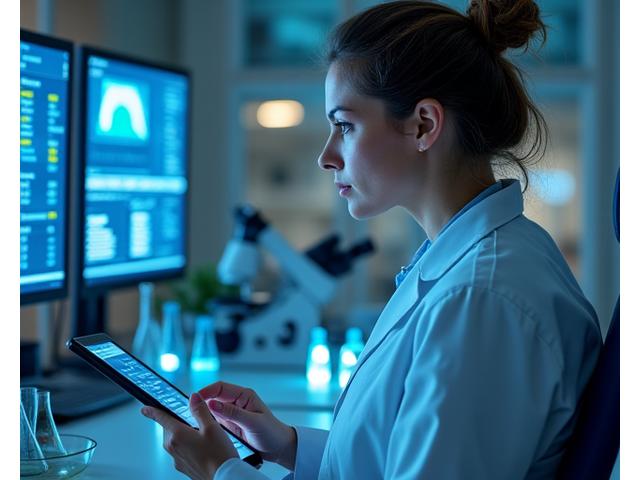 A Solecia Bloom Therapeutics expert examining lab test results for a product, with a microscope and herbal supplements in the background, symbolizing scientific validation.
